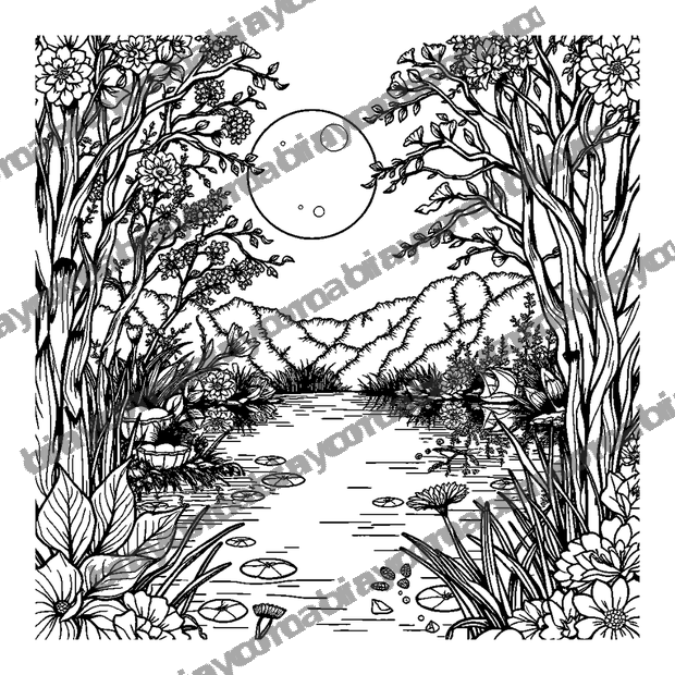 Moonlit Pond colouring page — free printable for adults