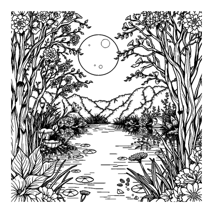 Moonlit Pond Colouring Page (Adults, Intricate)