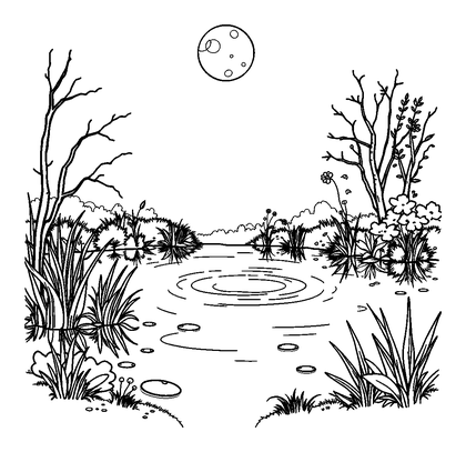 Moonlit Pond Colouring Page (Teens, Standard)