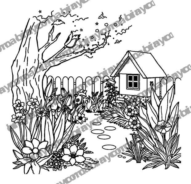 Peaceful Garden colouring page — free printable for teens