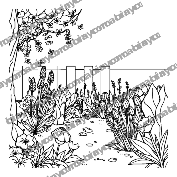 Peaceful Garden colouring page — free printable for teens