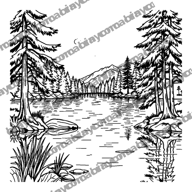Quiet Lake colouring page — free printable for teens