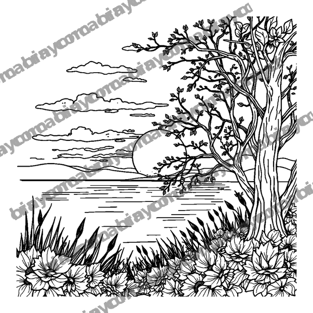 Sunset Calm colouring page — free printable for adults
