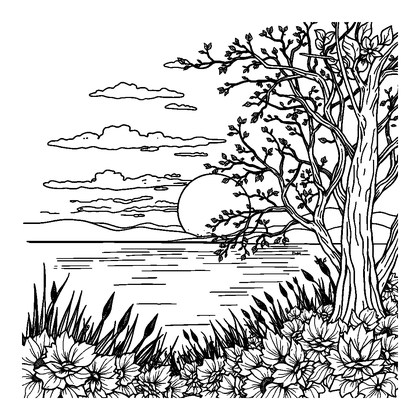Sunset Calm Colouring Page (Adults, Intricate)