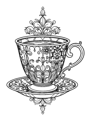 Tea Cup Calm Colouring Page (Adults, Intricate)