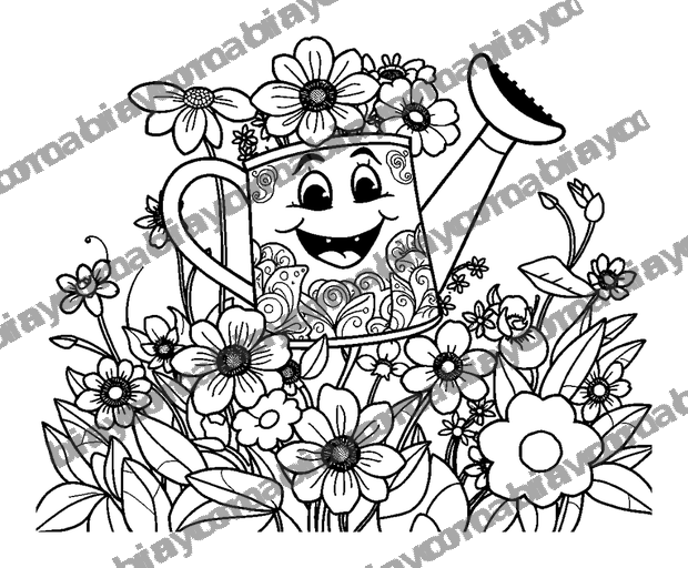 Watering Can Flowers colouring page — free printable for adults