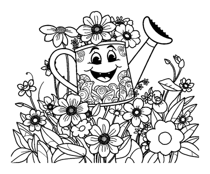 Watering Can Flowers Colouring Page (Adults, Intricate)