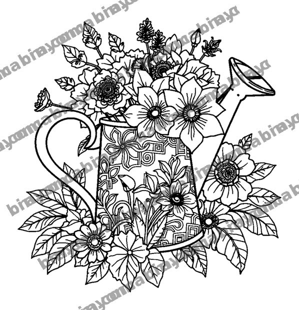 Watering Can Flowers colouring page — free printable for adults