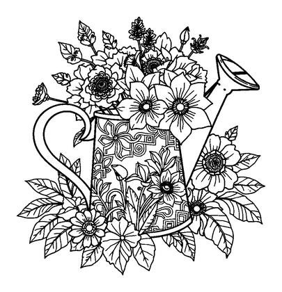 Watering Can Flowers Colouring Page (Adults, Intricate)