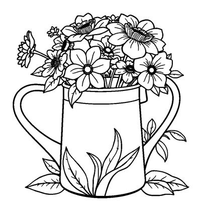 Watering Can Flowers Colouring Page (Adults, Standard)